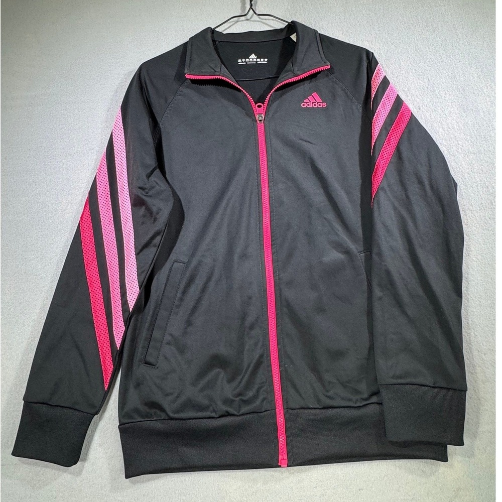 Adidas Women's Medium Black Pink Full Zip Track Jacket 3 Stripe Athletic